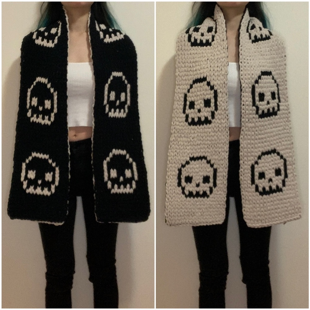 Handknit Black Beige Skull Chunky Chenille Knit Scarf Black Butler Undertaker